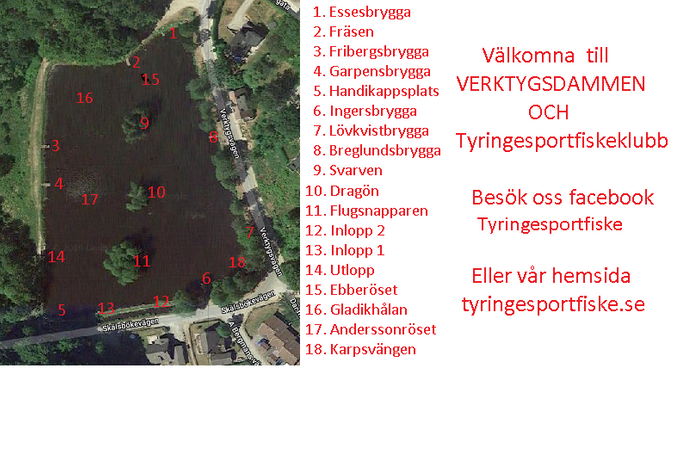 Då är vi färdiga med namn på öarna och kartan kommer att sättas upp på anslagstavlan vid dammen inom kort. Andreas Hall kom med förslaget flugfällan på (11) men vi gjorde en liten ändring där till flugsnapparen istället , dock så får andreas kortet för detta. Elvis Svetlicic får ett frikort för Svarven (9) och till sist Kjell-Arne Lövkvist (10) dragön då många fastnar där med detta. Vi i styrelsen vill tacka alla för förslagen på öarna.